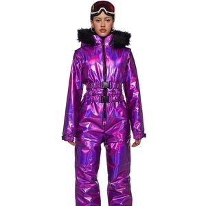 Dolls Kill Iridescent Ski Jacket with Black Faux Fur Hood